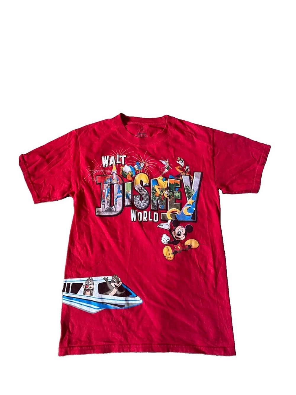 Disney Walt Disney World Shirt Youth Small Red Graphic Mickey Chip Dale Monorail